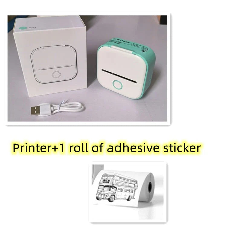Compact Bluetooth-enabled thermal label printer in white, pink, and green colors with various label options