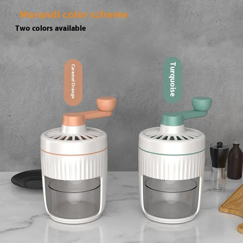 Green hand-cranked ice shaving machine with detachable ice box for making snow cones