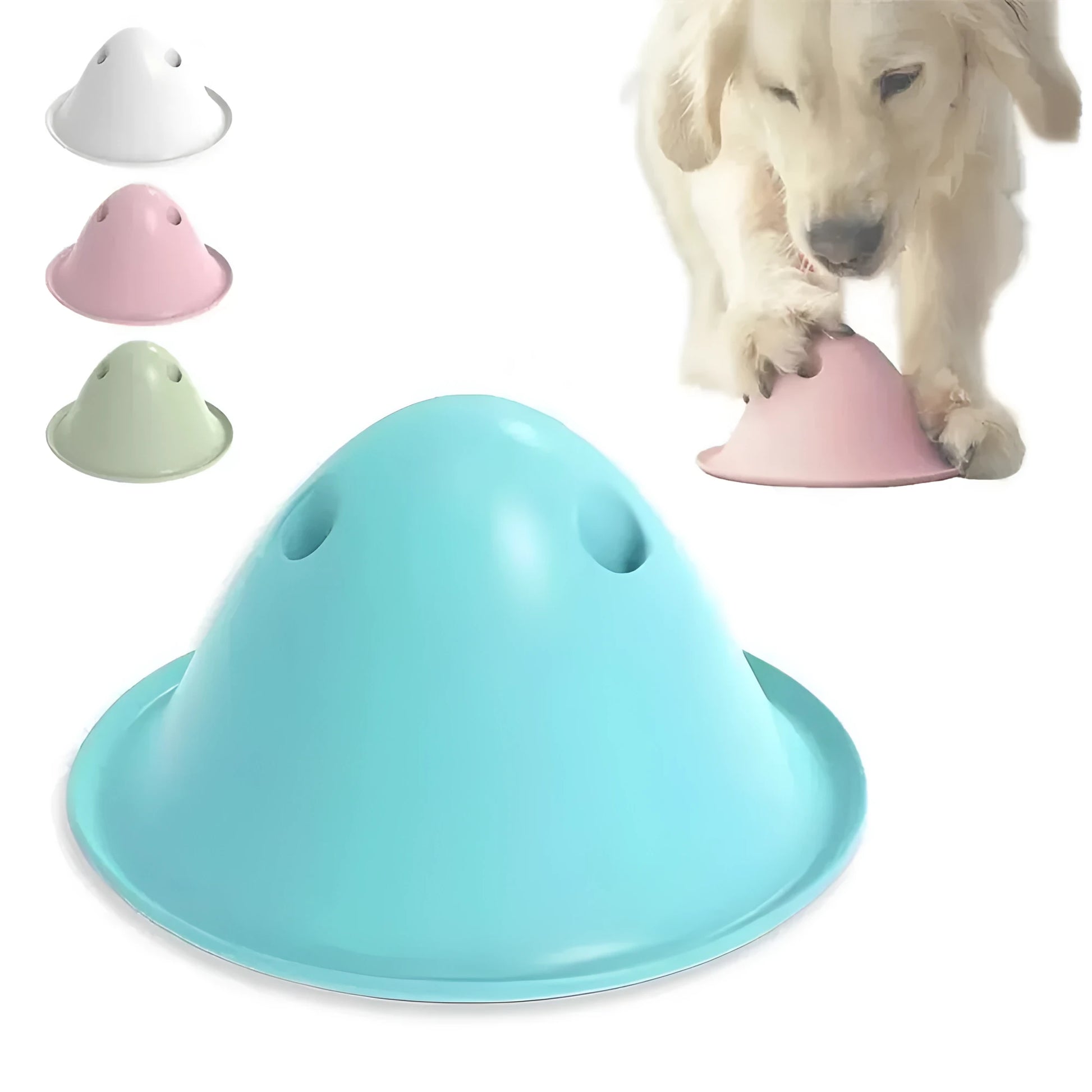 Four coloured interactive dog chew toys with treat slots on smooth surface