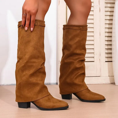Men's pointed toe high tube pants boots with pleated chunky heel, artificial PU upper, beige colour