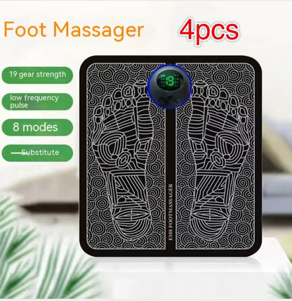 Portable EMS foot massager pad showing remote control and foldable 32.5x29.5cm design