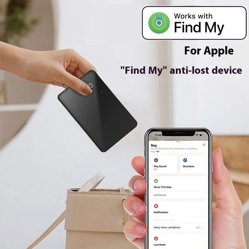 Black card-sized pet tracker with wireless charging and a hanging hole for collar attachment