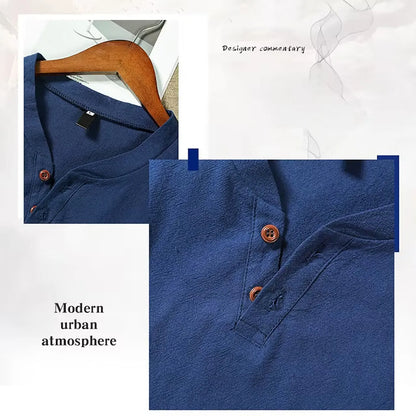 Men's cotton blend long sleeve V-neck casual shirt in blue, grey, black or apricot, sizes L to 5XL