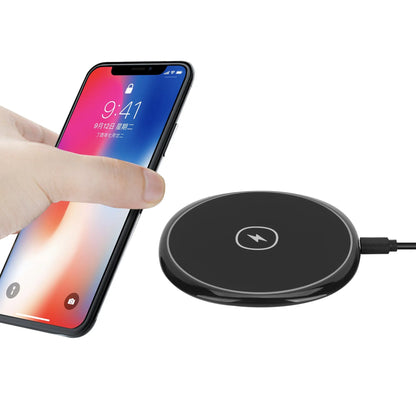 Black 15W fast wireless charger with glossy flat surface, Micro USB, for Apple and Huawei phones
