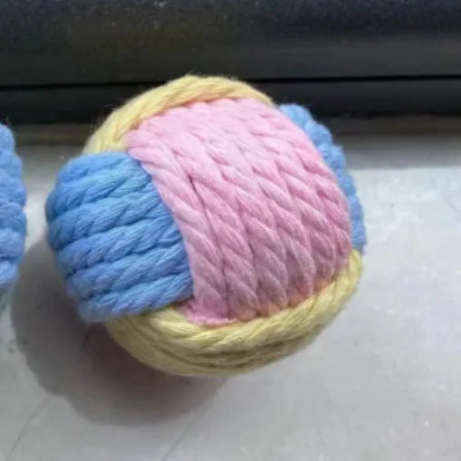 Handmade blue powder, green blue, and pink green plush cat toy ball with dental floss core for teeth grinding