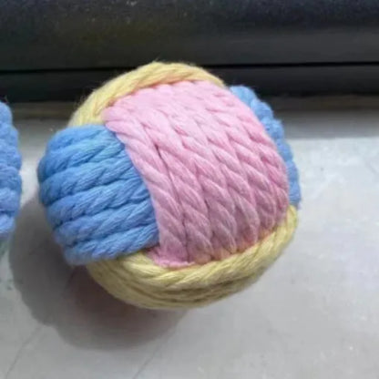 Handmade blue powder, green blue, and pink green plush cat toy ball with dental floss core for teeth grinding
