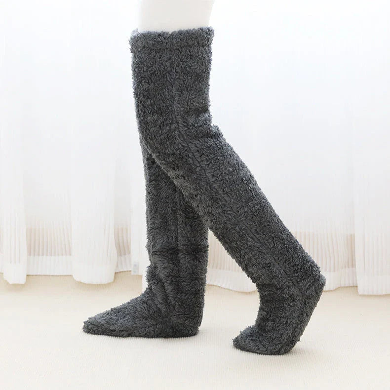 Cozy over-the-knee fuzzy socks in a variety of colors for winter warmth and comfort