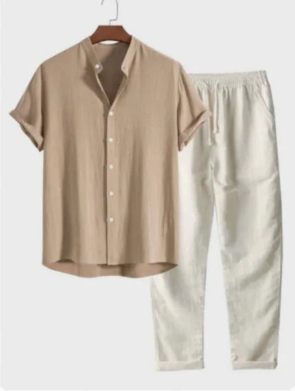 Men's casual loose fit short sleeve shirt and trousers suit in linen-look polyester fabric, available in multiple colours