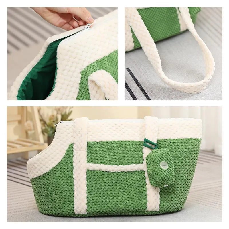 Small dog cat bag satchel for pets under 20 catties for cats and 10 catties for dogs, portable shoulder carrier with medium soft hardness, made from short plush fabric in green, red or yellow cartoon pattern with vertical stripes
