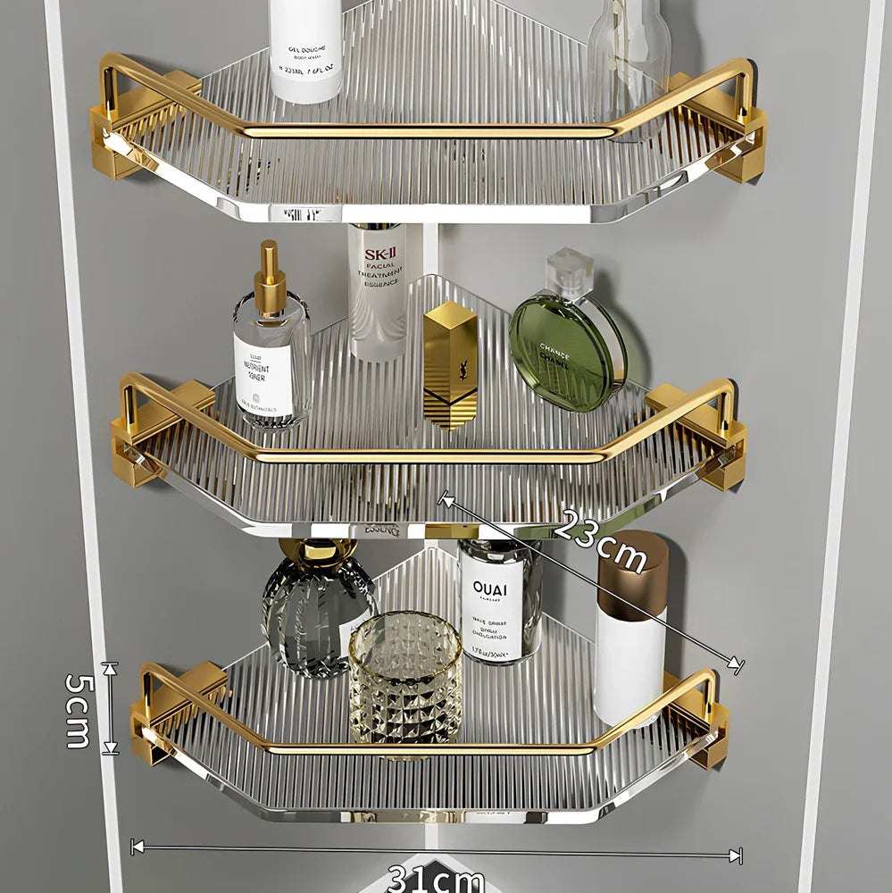 Acrylic bathroom shelving unit with space aluminium frame in gold or silver finish
