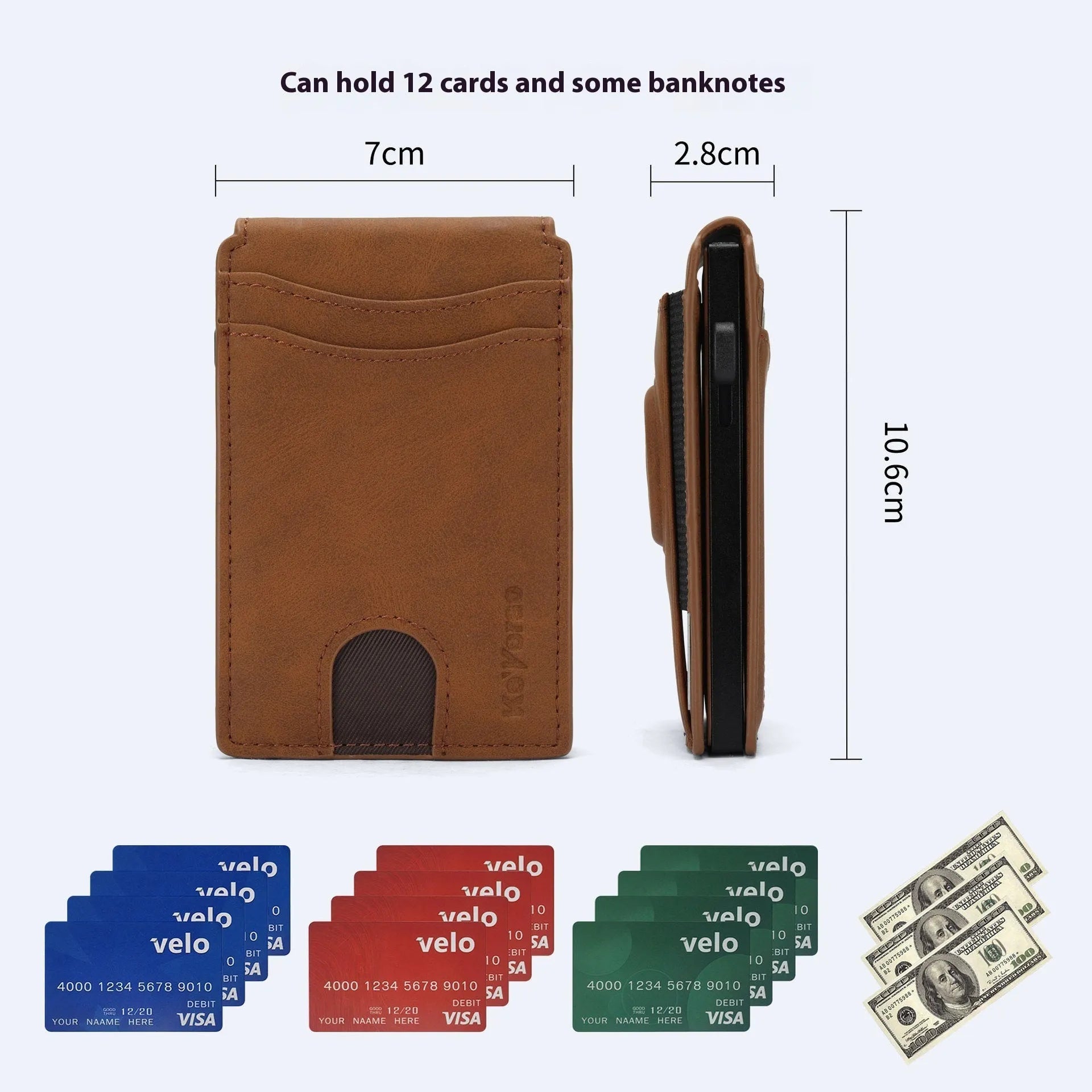 Slim men's synthetic leather card holder wallet shown in black, dark brown, and light brown.