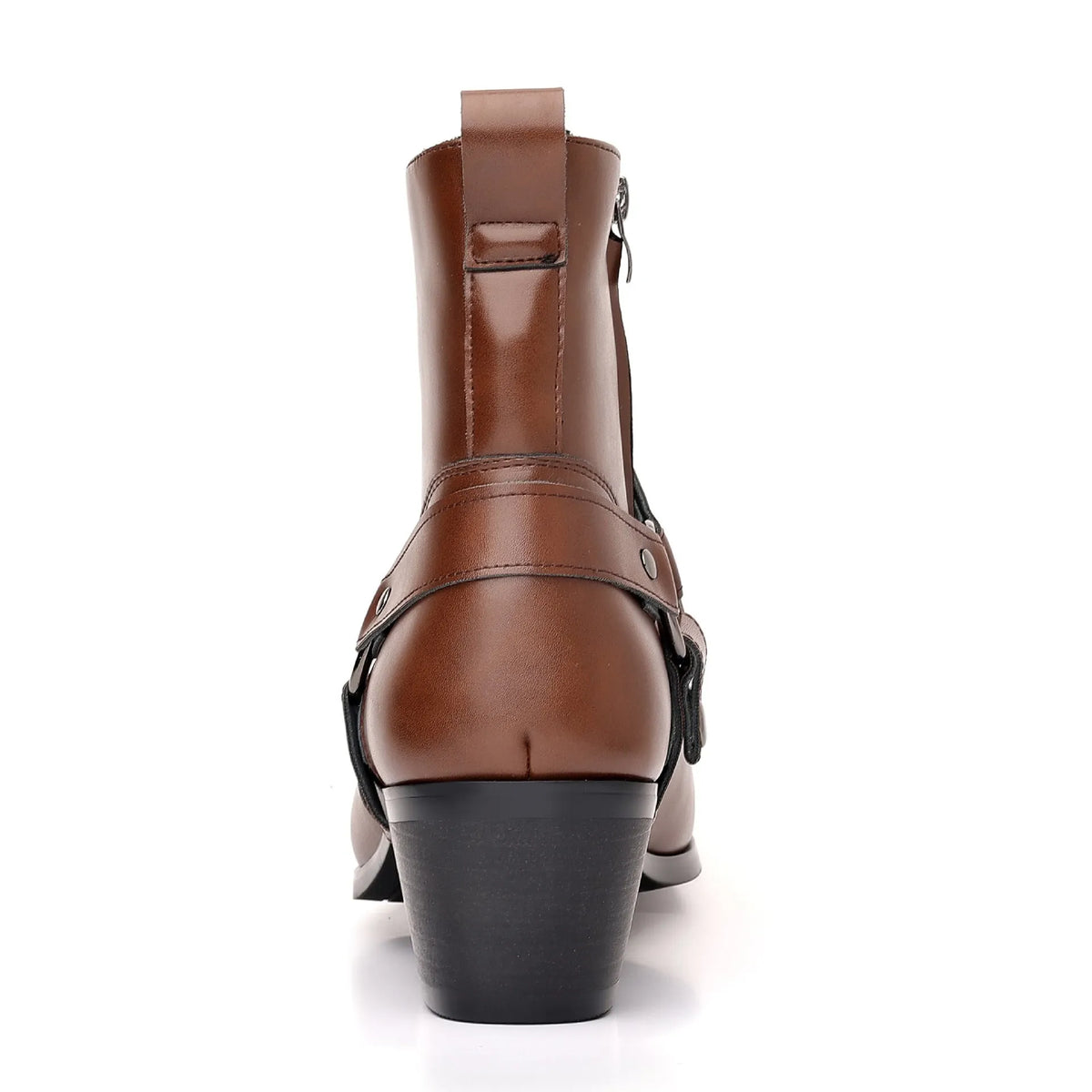 Black unisex chain ankle boot with side zip, square toe, and rivet details on a 6-8cm horseshoe heel.