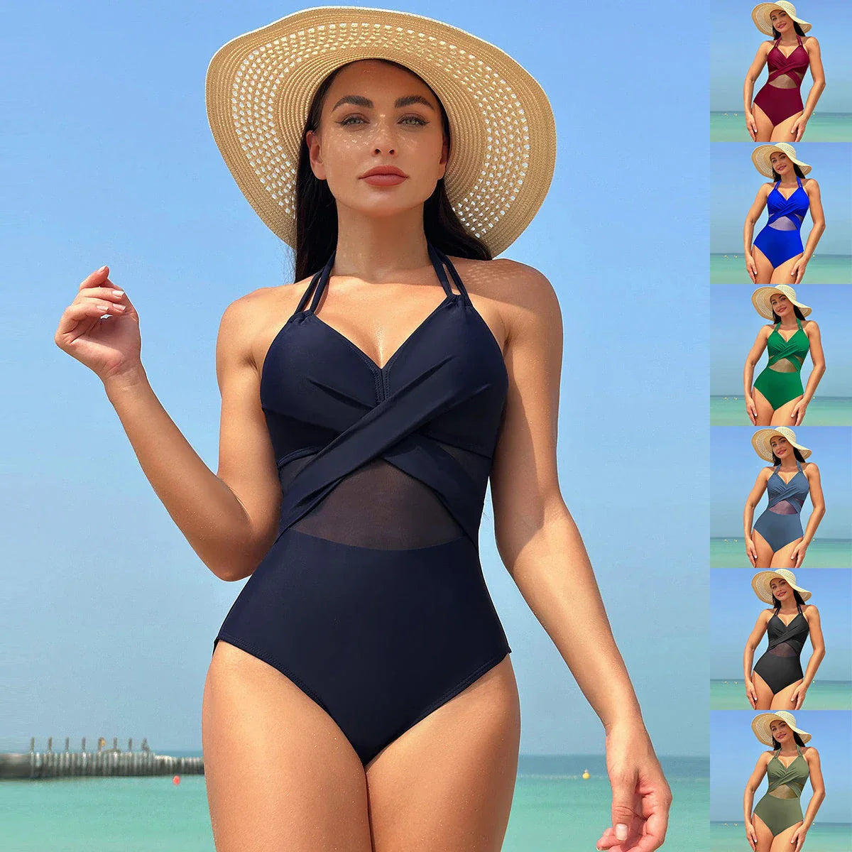 One-piece swimsuit with halter-neck and cross-strap design, available in various solid colors and a leopard print pattern
