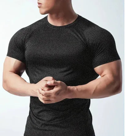 Men's tight-fit stretch quick-drying short sleeve casual t-shirt in grey.