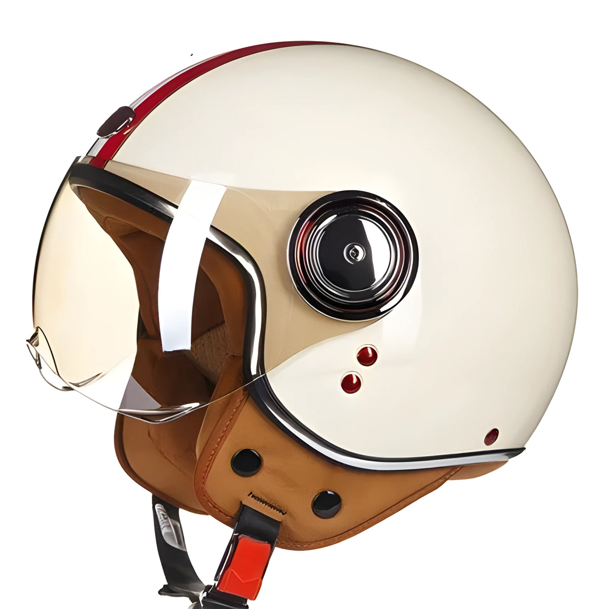 Motorcycle half helmet in white, red, or green with ABS plastic shell shown in sizes M, L, XL.