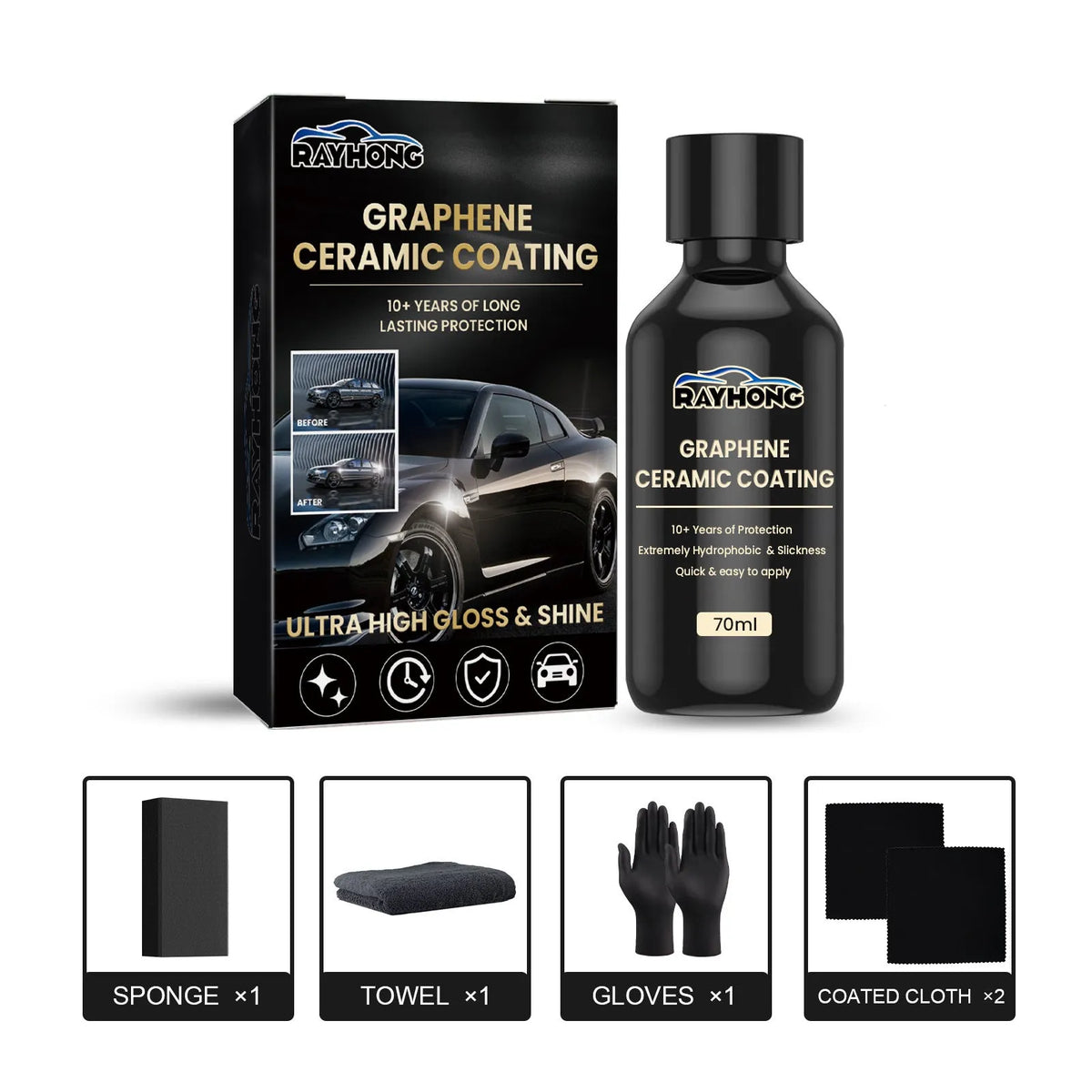 70ml automotive graphene ceramic coating kit with sponge applicator, microfiber cloths, gloves, and coating cloths