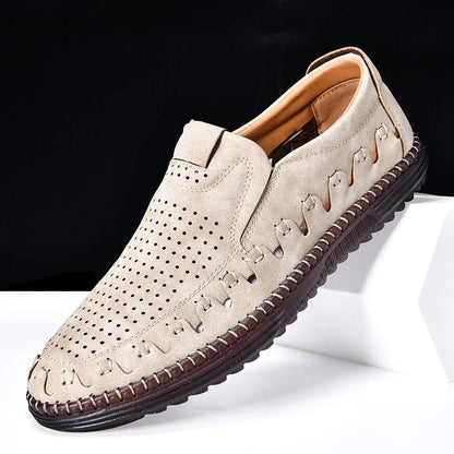Men's brown slip-on casual shoes with round toe and visible sewing line details