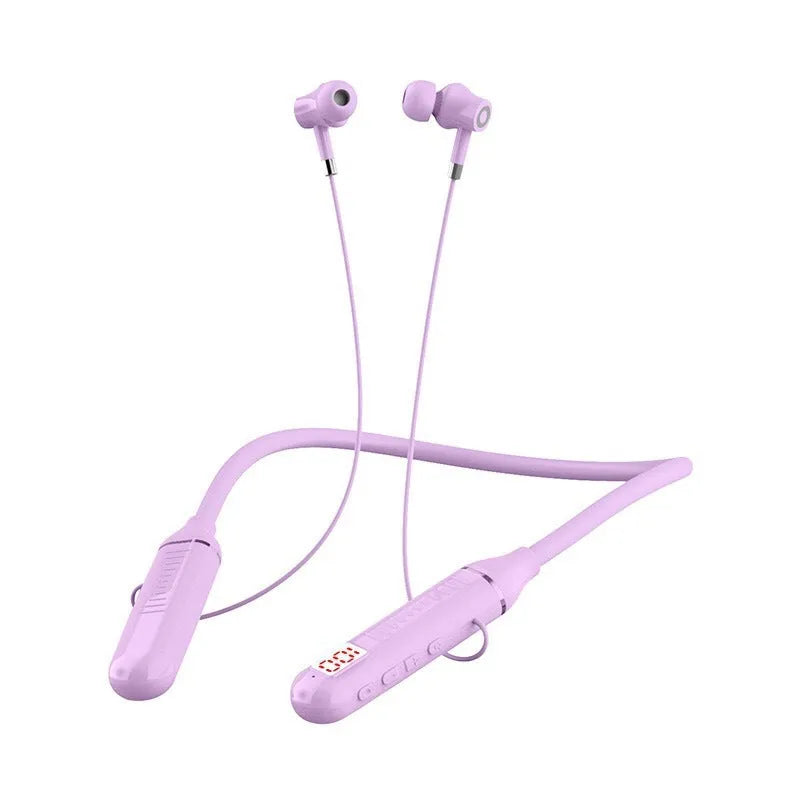 Wireless Bluetooth sports headset with power display card in neck-hanging design, shown in black colour.