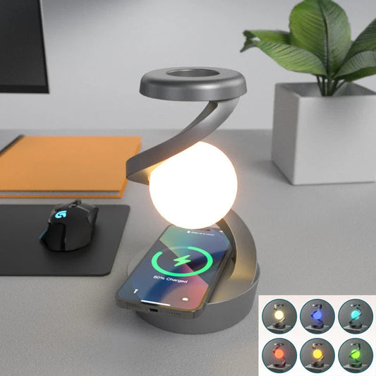 Stylish Rotating Moon Lamp with Wireless Phone Charging - Captivating Desk Accessory with Soothing Lighting and Convenient Wireless Charging