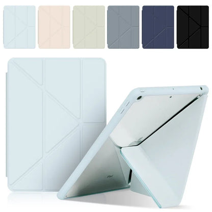 Y-folding imitation leather iPad case in dark grey, showing built-in stand and pen slot.