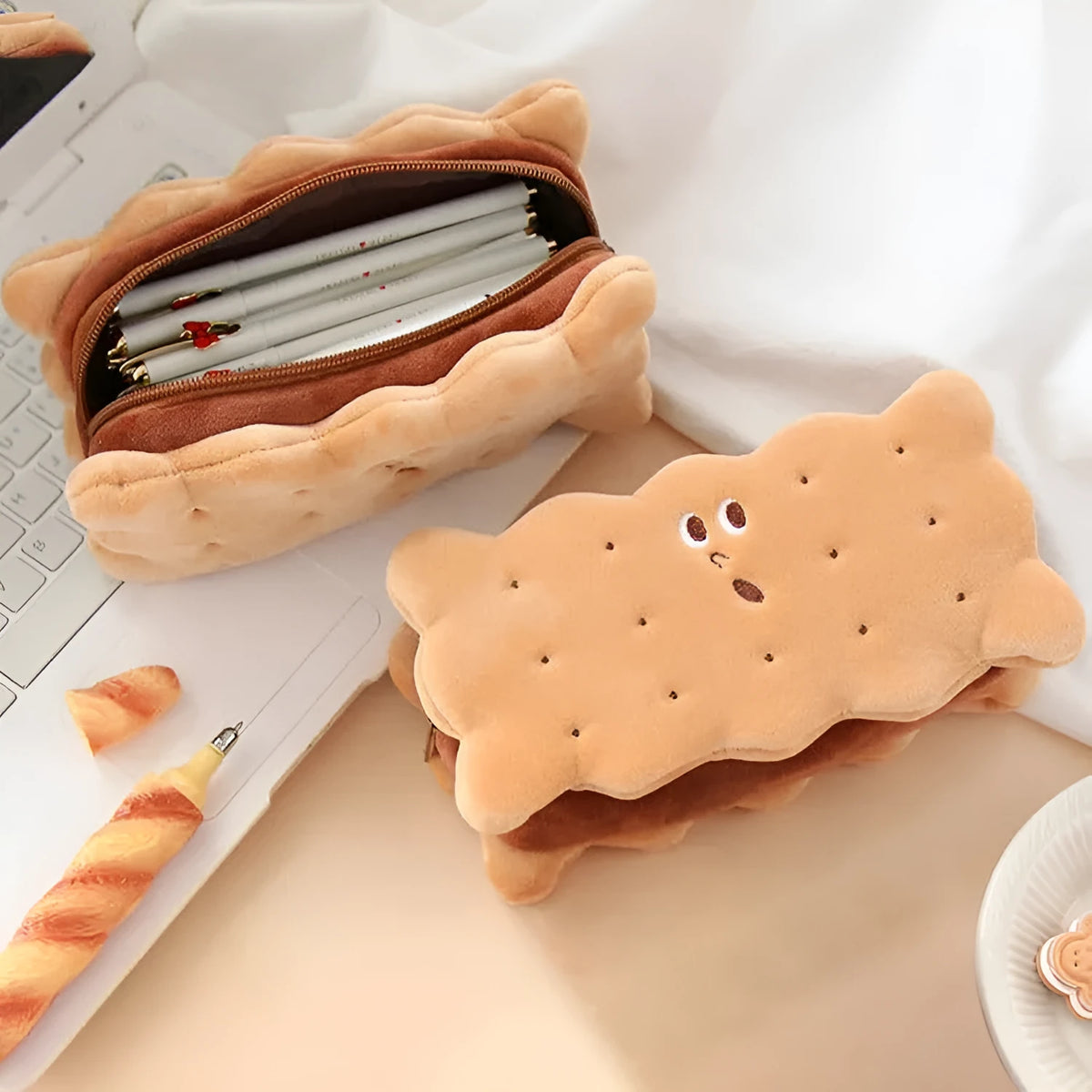 Plush sandwich biscuit pencil case and cookie coin purse in cartoon style, two colour options