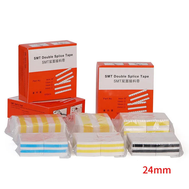 Box of SMT double-sided splicing tape on a factory bench, showing yellow tape in 8mm, 12mm, 16mm and 24mm widths.