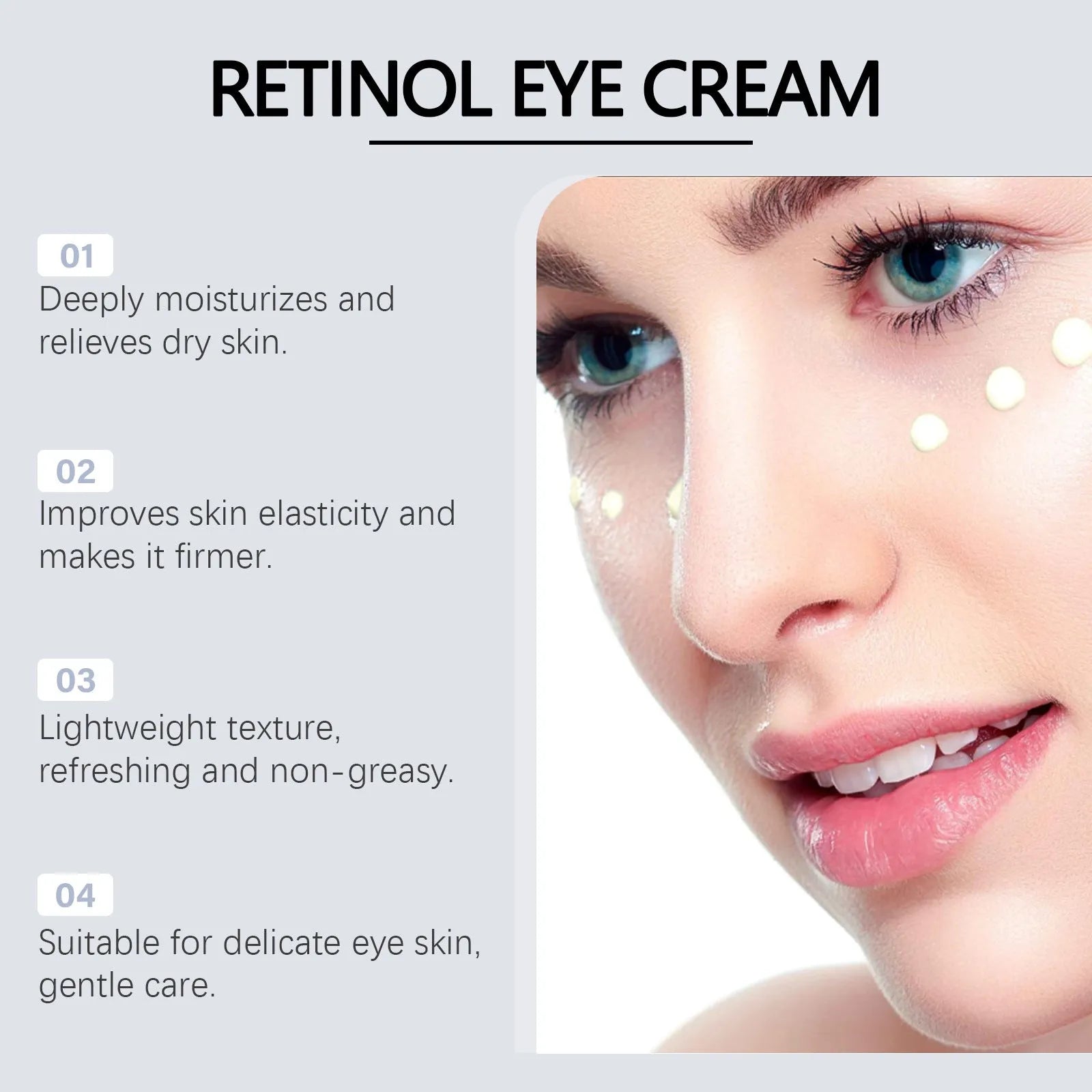 20g retinol eye cream tube measuring 3 x 12.1cm with soft texture formulation