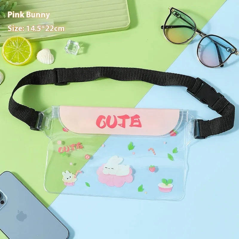 Waterproof PVC phone waist bag with adjustable waistband and touch screen, cartoon animal design, free size