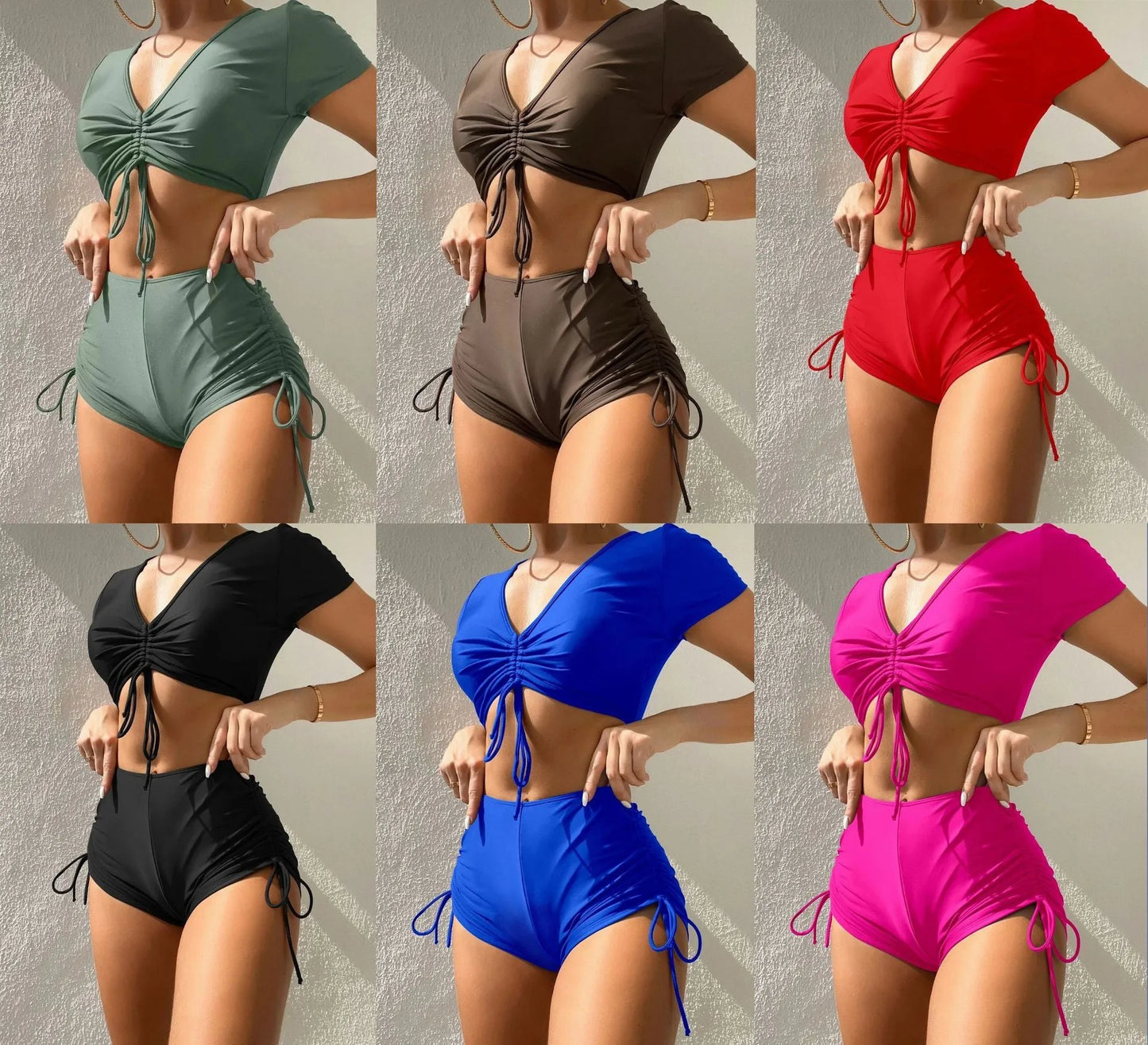 Lady's lace-up bow swimsuit in dark green colour, two-piece set for swimming
