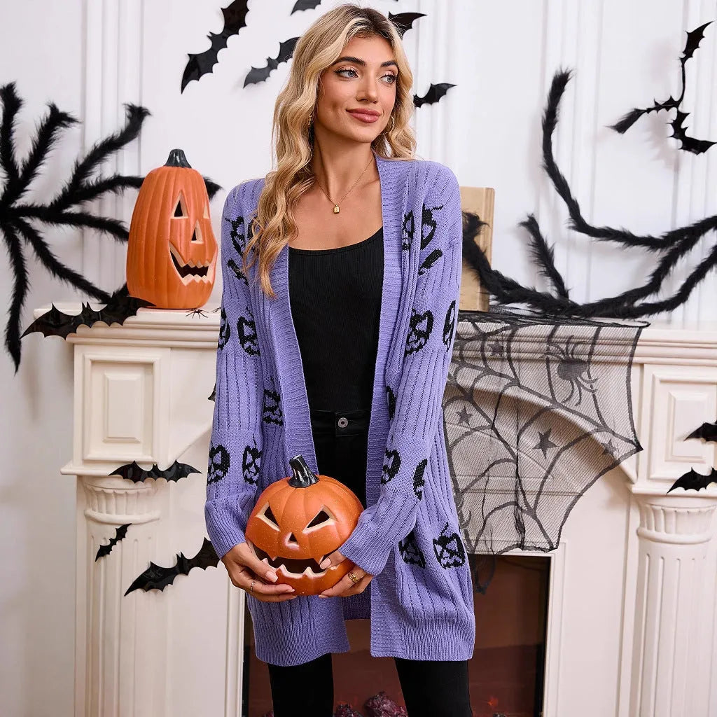 Women's black Halloween cardigan with orange pumpkin head jacquard pattern, regular sleeves, medium 65cm length
