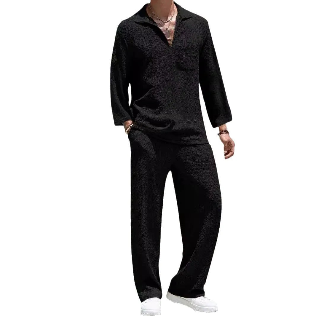 Men's casual shirt trousers commuter suit in lake blue colour with polyester fabric for autumn wear.