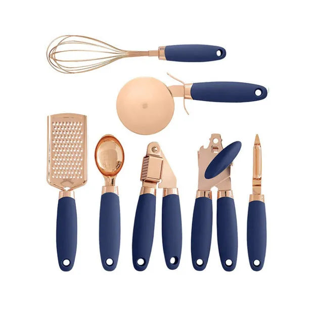 7-piece stainless steel kitchen tool set with copper finish on a countertop storage rack.