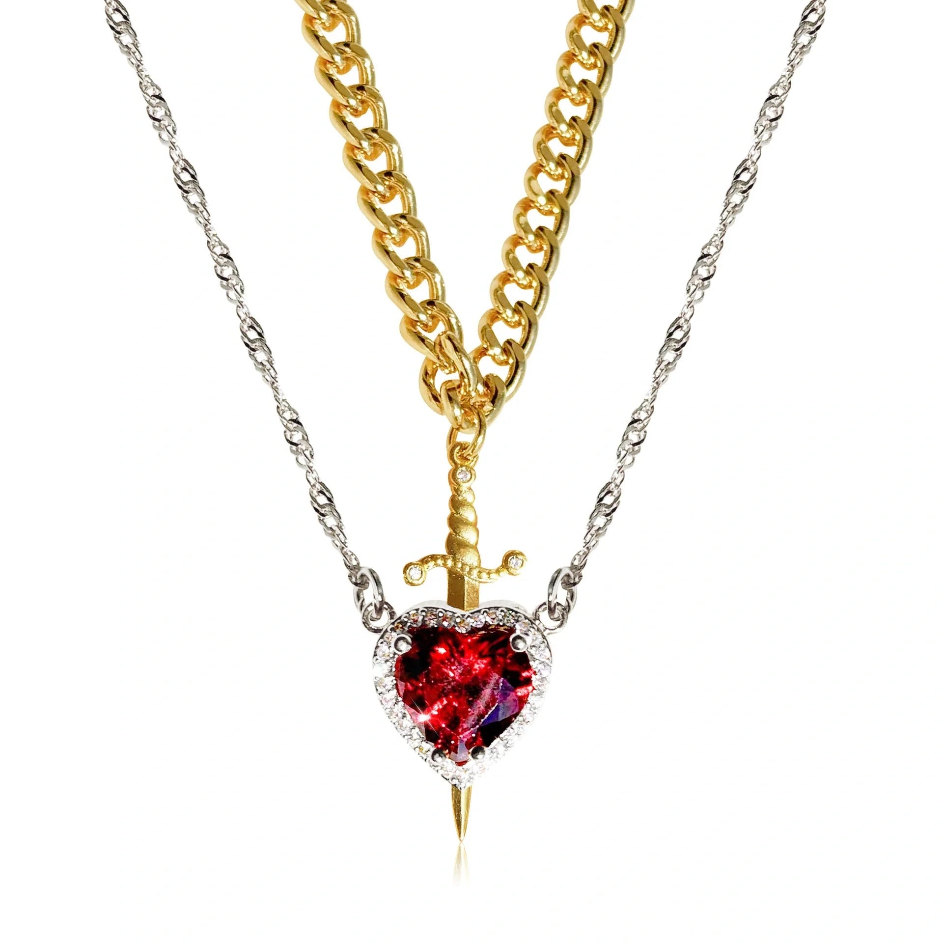 Gothic Punk Heart Dagger Couple Necklace with sparkling red rhinestones
