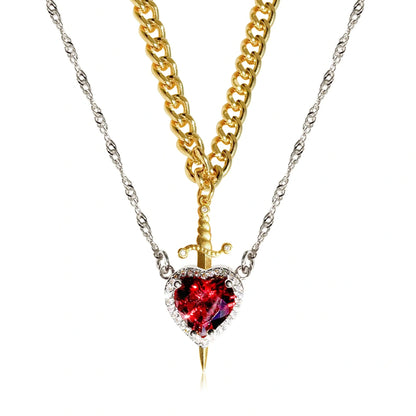 Gothic Punk Heart Dagger Couple Necklace with sparkling red rhinestones