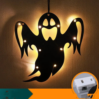 Halloween LED decorative lights with luminescent spider design showing eight colour options including bat, castle, black cat, pumpkin, wizard, ghost, spider, and spider web