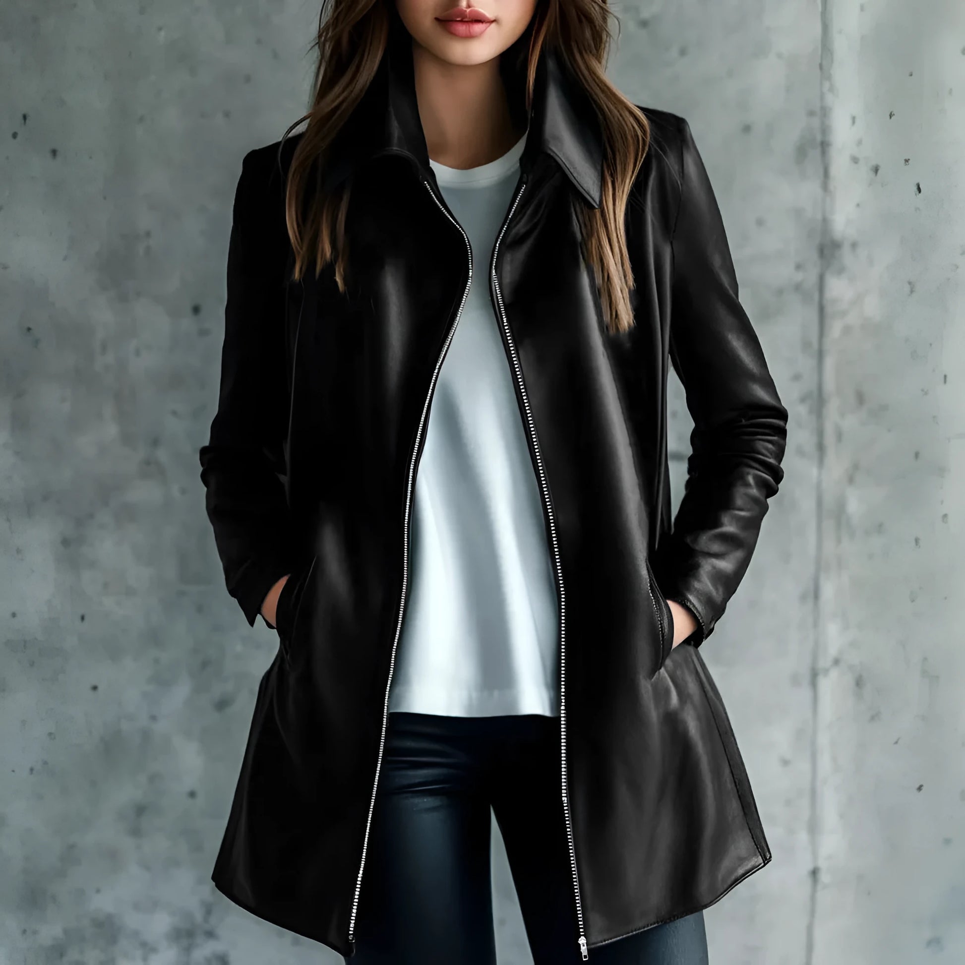 Women's black leather-look polyester jacket with long sleeves and medium length