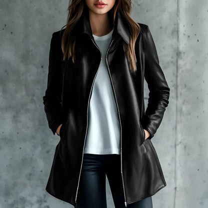 Women's black leather-look polyester jacket with long sleeves and medium length