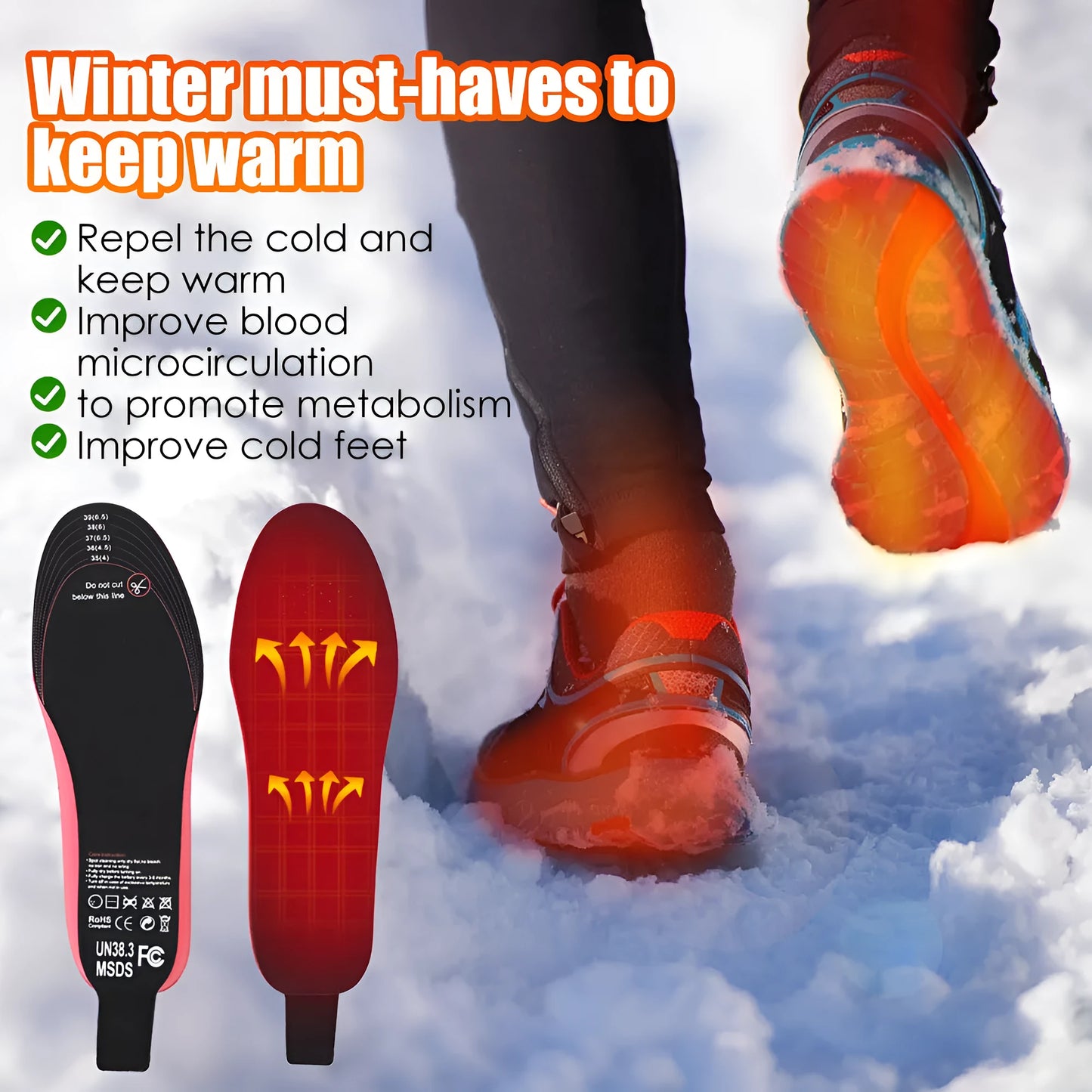 Rechargeable heated boot insoles with remote control and cable, shown on a white background.