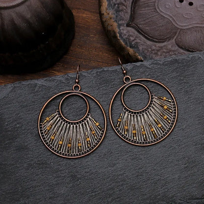 Bohemian geometric alloy earrings with colourful gold thread hand-woven detail, women's quadrilateral design, one pair