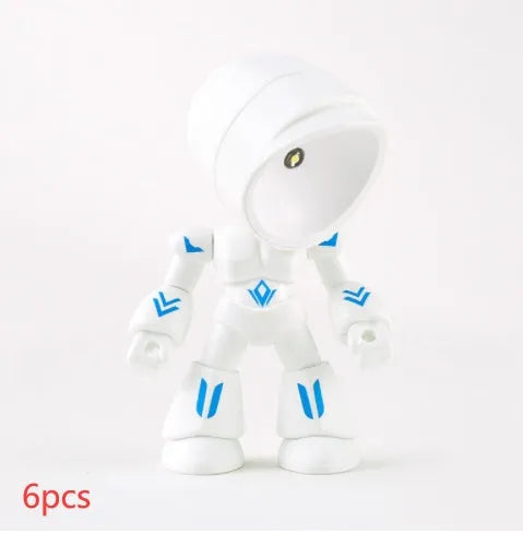 Mini mecha robot hero LED night light with adjustable arms on a desk.