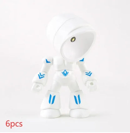 Mini mecha robot hero LED night light with adjustable arms on a desk.