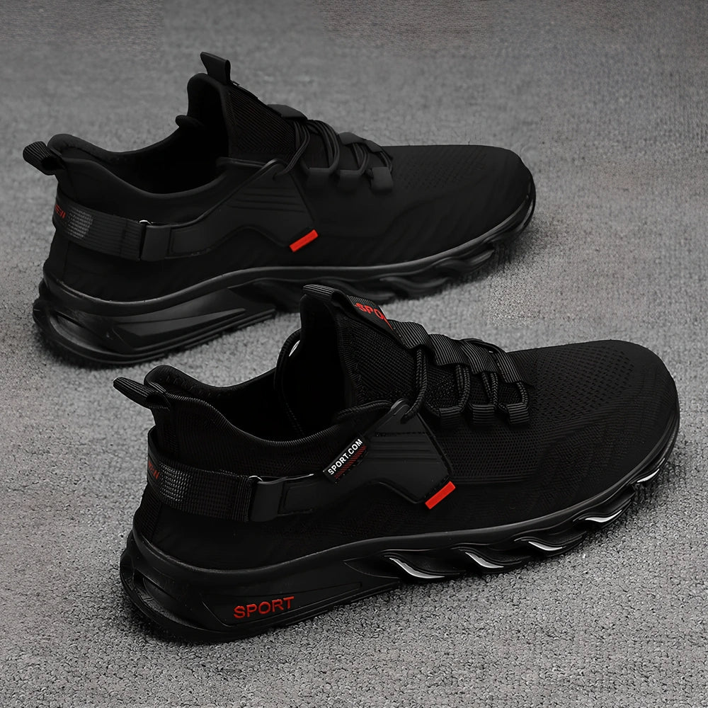 Flying woven breathable mesh sports shoes in black with blue accents showing mesh construction