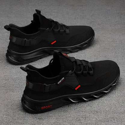 Flying woven breathable mesh sports shoes in black with blue accents showing mesh construction