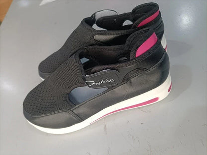 Stylish and comfortable women's mesh sneakers with cushioned soles, available in red, black, blue, and pink colors in sizes 35 to 43.