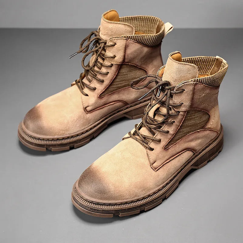 Men's vintage-style Martin boots in black with round toe, low thick heel, and frosted microfiber leather upper.