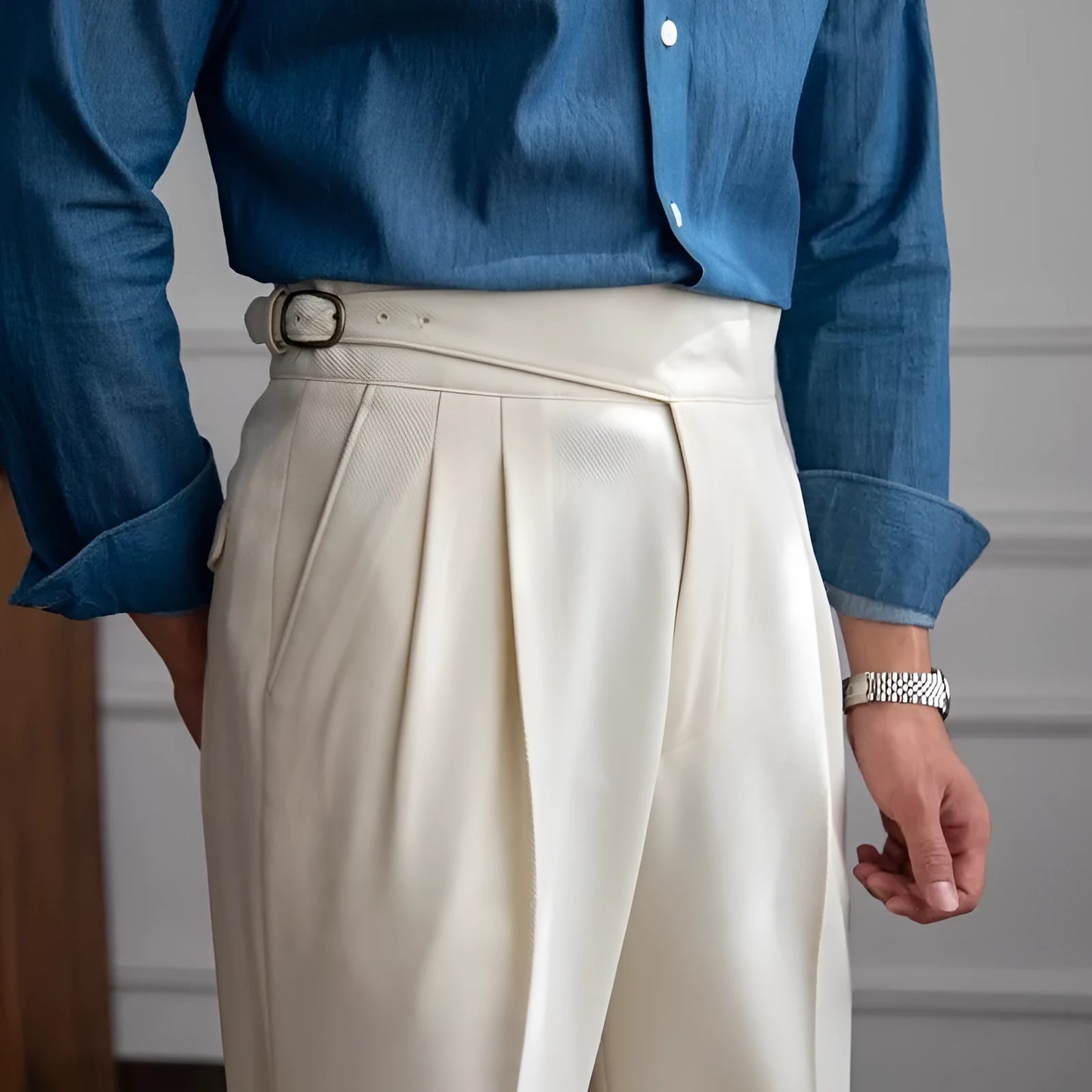 Men's high waist straight leg casual trousers in black, shown laid flat.