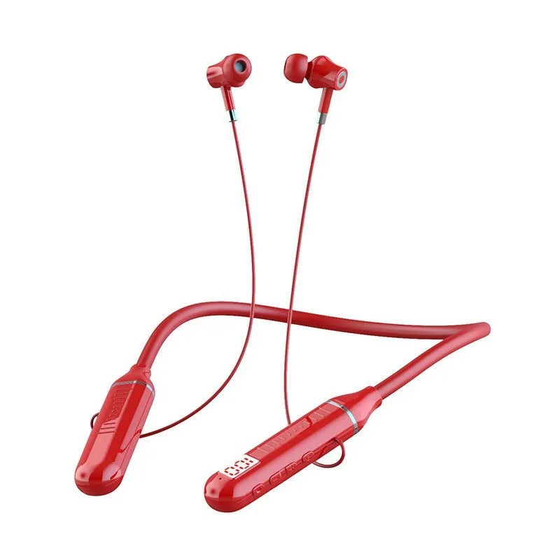 Wireless Bluetooth sports headset with power display card in neck-hanging design, shown in black colour.
