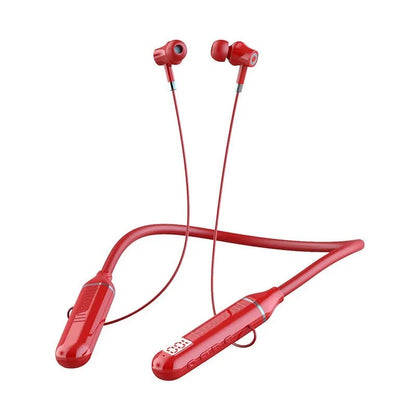 Wireless Bluetooth sports headset with power display card in neck-hanging design, shown in black colour.