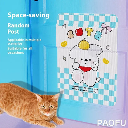 Vertical cat scratch board with cartoon fleece design mounted on wall for dogs and cats