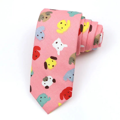 Korean style narrow men's cotton bow tie with a printed cartoon pattern on an adjustable fabric strap.